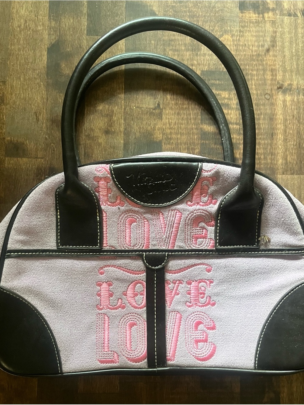 NWOT Y2K Victoria's Secret Pink and Chocolate Brown Bowler Bag LOVE' Embroidered